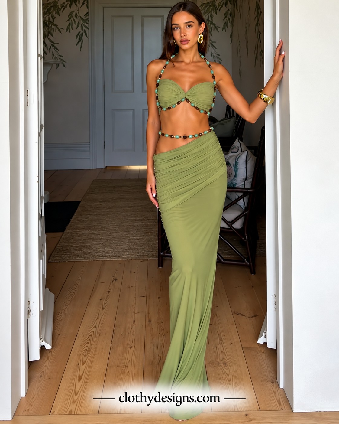 Women’s Green 2-Piece Resort Set – Beaded Halter Bandeau Top & Asymmetric Maxi Skirt with Ruched Side Detail